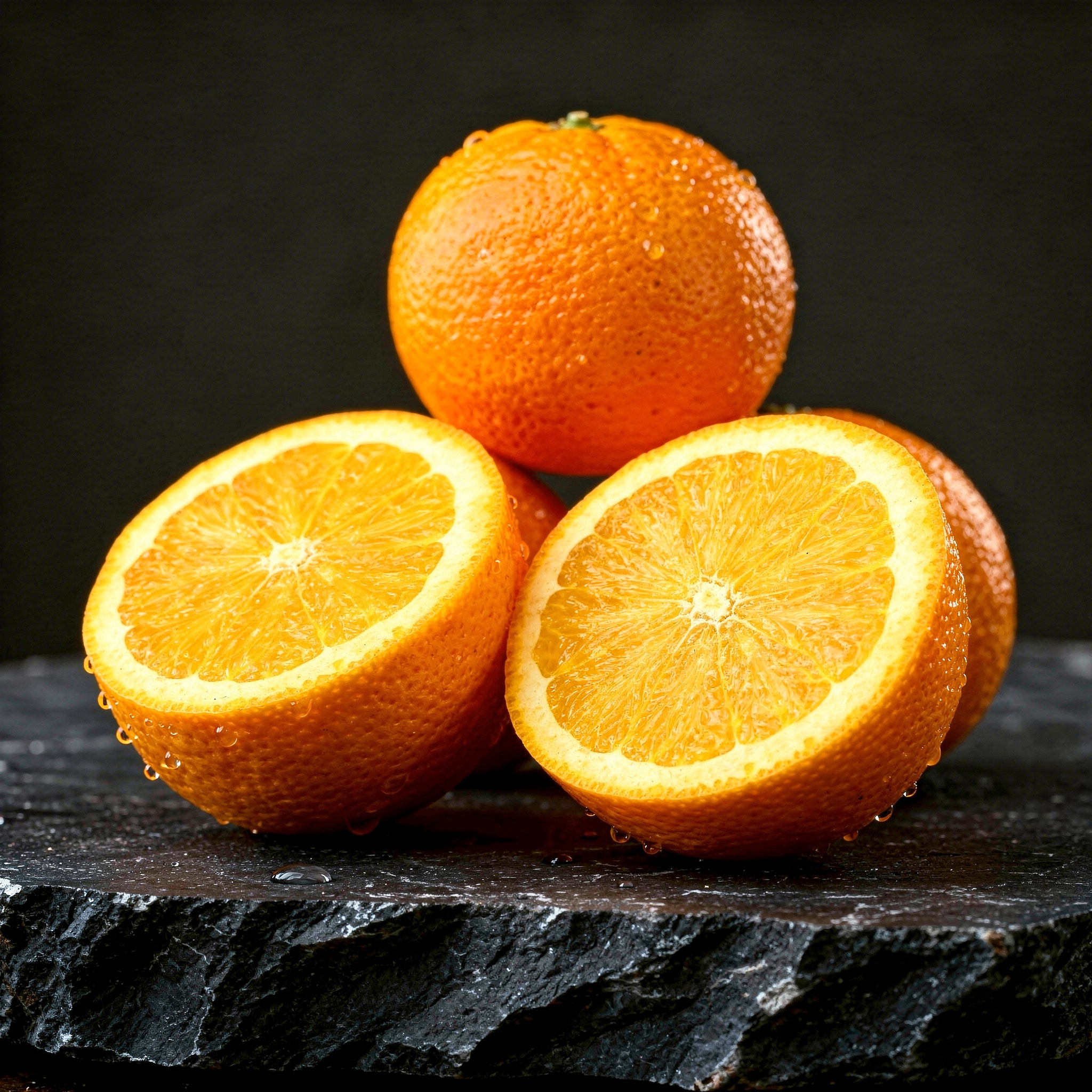 {
  "scene": "A high-end commercial food photography setup featuring the fresh oranges from image 1, meticulously arranged on a dark, textured basalt stone slab.",
  "subjects": [
    {
      "descrip