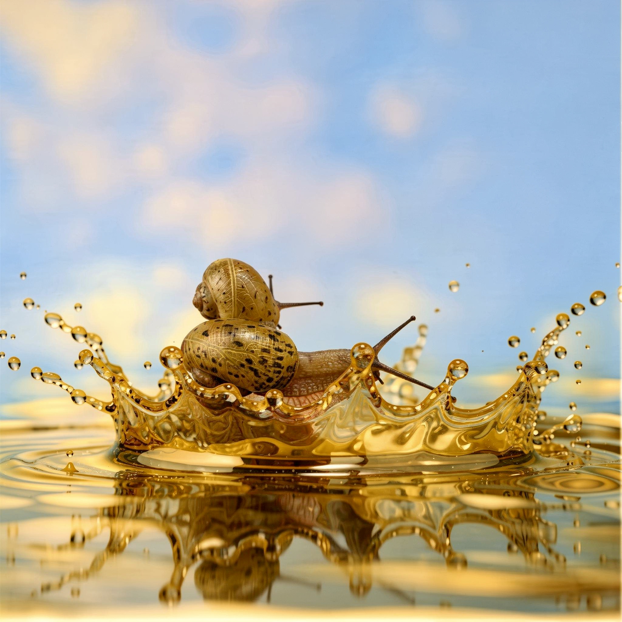 {
  "scene": "A high-speed macro product shot where the subject from image 2 is seamlessly integrated into the dynamic liquid environment of image 1. The scene features a reflective surface of golden,