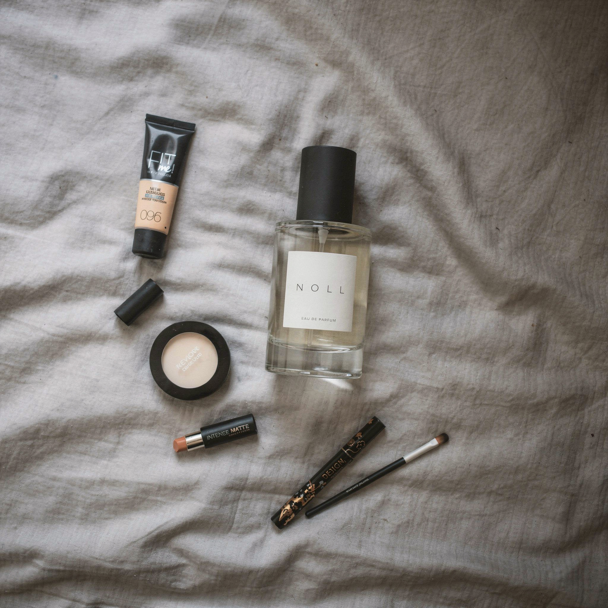 {
  "scene": "A top-down flat lay product photograph on a rumpled, textured light gray linen fabric surface exactly as seen in image 1. The scene recreates the exact composition of image 1, but with t