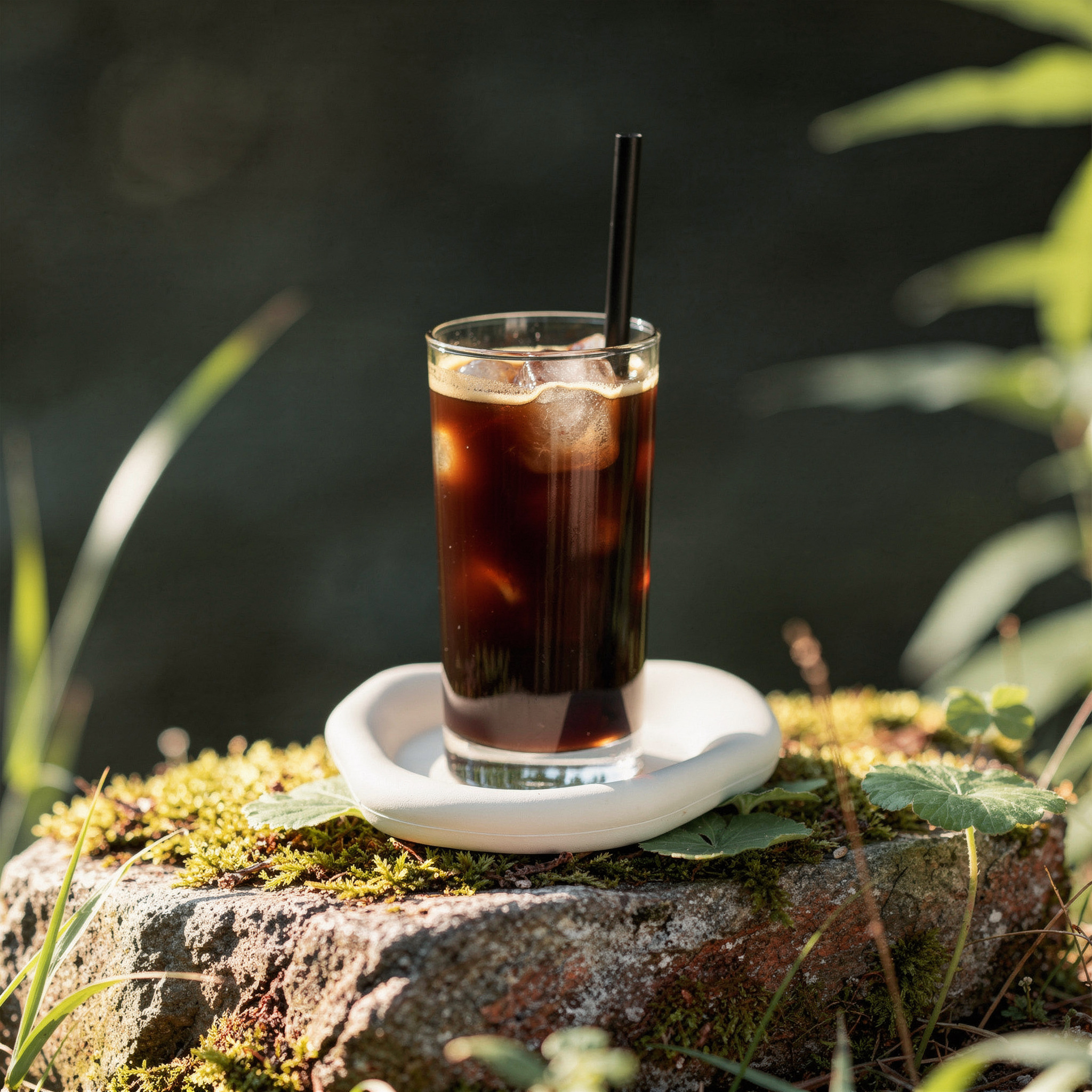 {
  "scene": "A tall glass of iced coffee from image 2 sitting perfectly on a heavily moss-covered rock in a lush, sunlit natural forest setting deeply inspired by image 1.",
  "subjects": [
    {
   