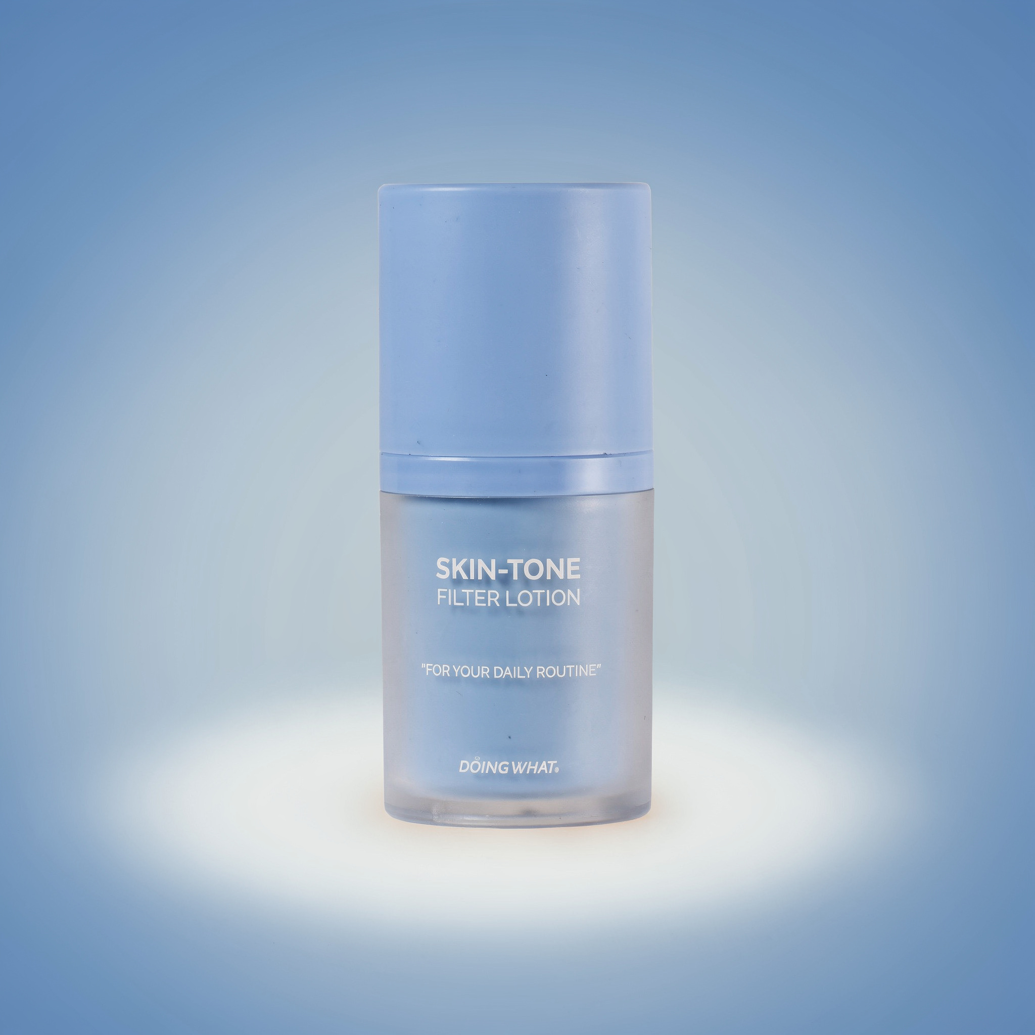 {
  "scene": "A clean, minimalist studio product photography setup based on image 1. The environment consists of a seamless backdrop that transitions smoothly from a medium gradient blue at the top an