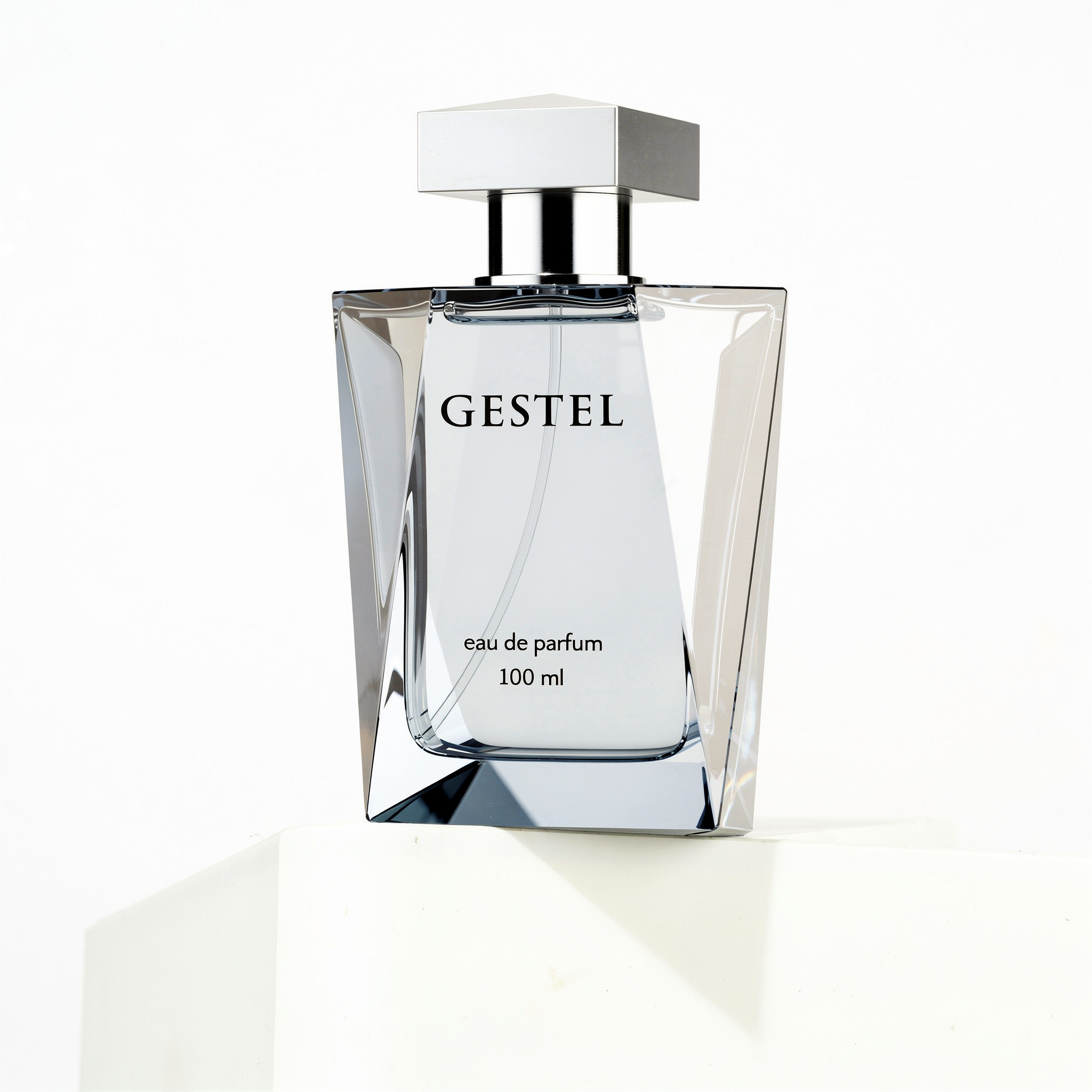 {
  "scene": "A high-end commercial product photography edit where the perfume bottle from image 2 is seamlessly integrated into the minimalist environment of image 1, replacing the original item. The