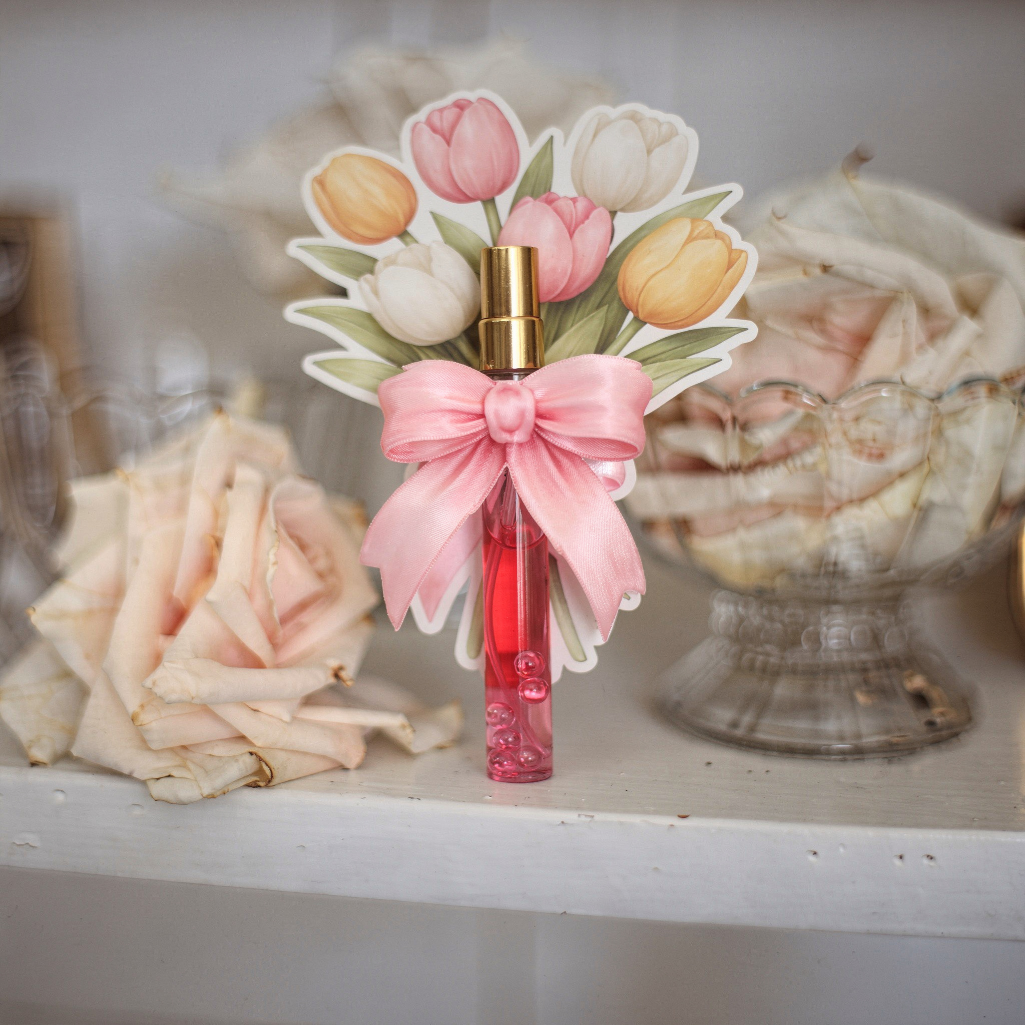 {
  "scene": "A product placement scene where the item from image 2 is positioned within the environment of image 1. The original bag in image 1 is removed and replaced by the perfume product. The set