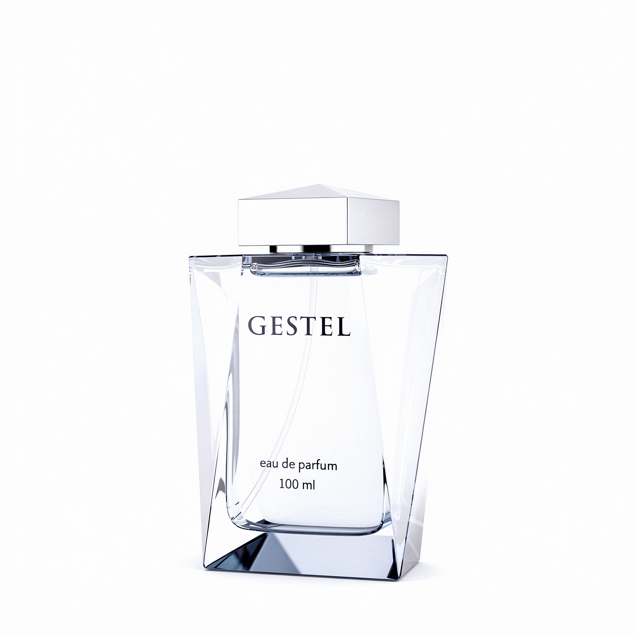 {
  "scene": "A professional minimalist studio product shot where the central subject from image 1 is replaced by the perfume bottle from image 2, maintaining the exact clean composition and high-key 