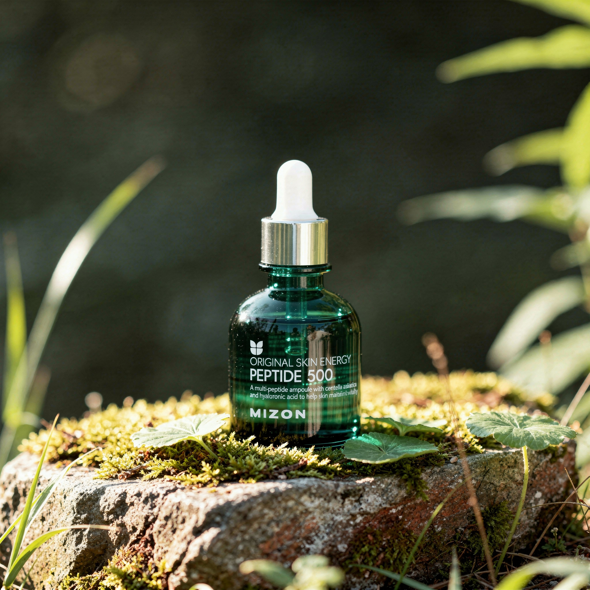 {
  "scene": "High-end commercial product photography featuring the skincare bottle from image 1 resting gracefully on a soft, moss-covered woodland stone, surrounded by delicate green foliage and nat
