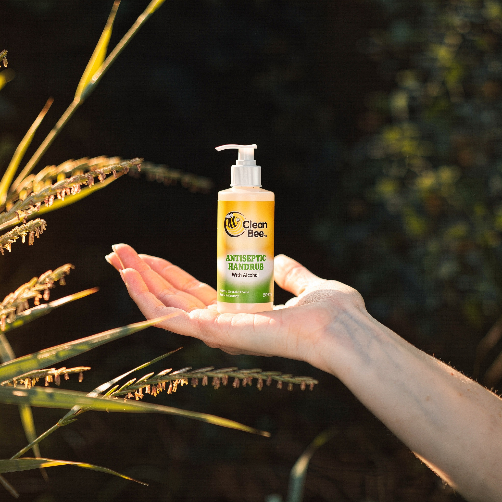 {
  "scene": "A close-up outdoor scene during golden hour based on image 1. Replace the original product with the new product from image 2, placing it standing upright in the center of the open palm. 