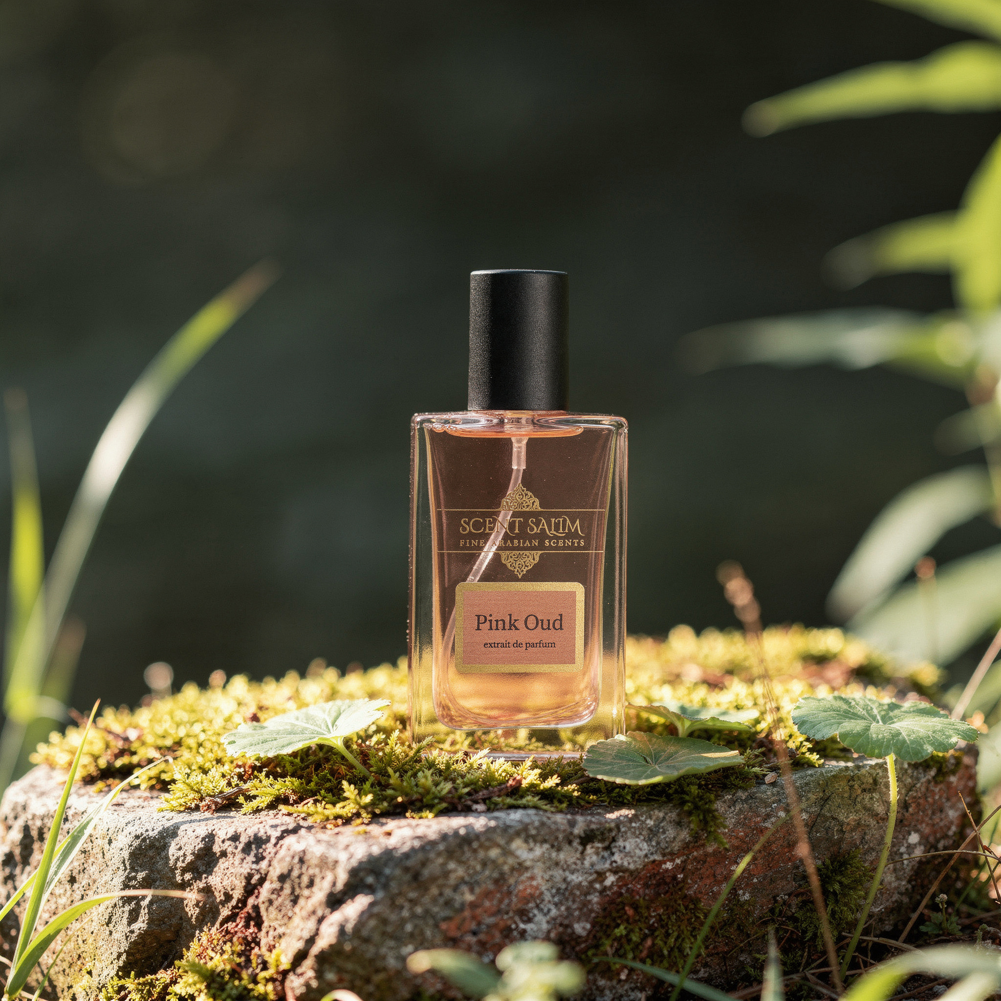 {
  "scene": "A seamless product replacement composition placing the subject from image 2 into the exact environment of image 1. The setting is a lush, natural outdoor scene featuring a rough, weather