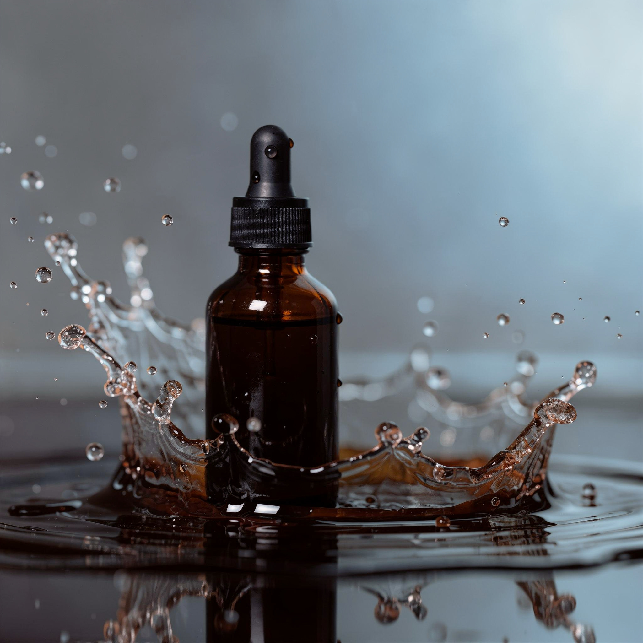 {
  "scene": "A luxury cosmetic product photography scene where the bottle from image 2 replaces the original product in the splash environment of image 1. The central product is surrounded by a dynam
